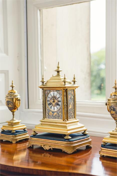 A late 19th century shakudo and gilt brass clock garniture - Image 2 of 4