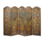 An early 20th century Chinoiserie five-fold painted leather screen