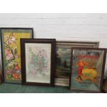 A quantity of pictures and prints including a needlework panel depicting birds amidst flowers.