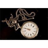 A silver ladies pocket watch, with fob and chain, and gold hands.