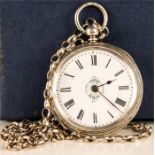 A ladies silver pocket watch and chain.