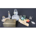 A group of glass paperweights, silver and glass, dressing pots, silver spoon etc.