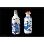 Two Chinese scent/snuff bottles, blue and white, tallest 5½cm high.