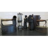 A miners lamp together with two antique irons, and a pair of 25x55 Liberman & Gortz binoculars and