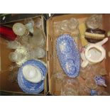 A quantity of glass and ceramics including a cut glass decanter, wine glasses, blue and white bowls,