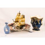 A small group of vases including Wedgwood, Crown Devon, Royal Copenhagen, an Imari plate and a