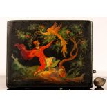 A Russian lacquered box, 4092 signed Limex K Burhok, depicting a peacock and man beside a tree and