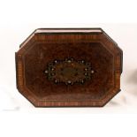 A 19th century French work box, with brass inlaid decoration to the top, with a pink silk lined