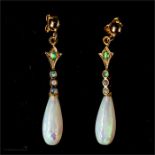 A pair of opal and 9ct gold drop earrings, 1.4g.