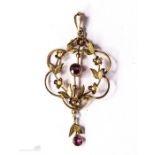 A 9ct gold pendant set with seed pearls and ruby, 1.7g.