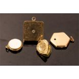 A 9ct gold heart locket, yellow metal locket and a pendant of yellow metal and mother of pearl, 17.