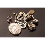 A quantity of silver to include a mother of pearl bracelet, oval locket, chain bracelet, amethyst