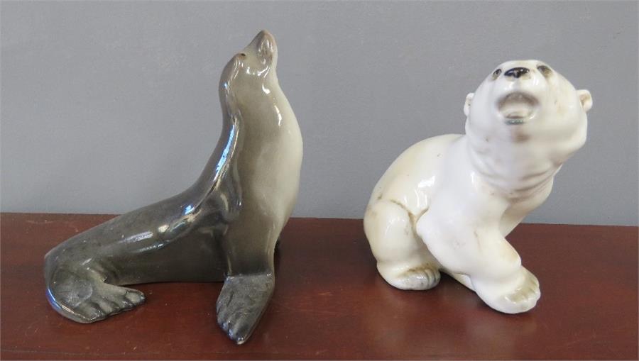 A Russian porcelain Seal and Polar bear Cub, marke