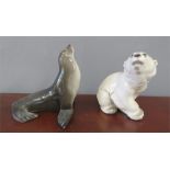 A Russian porcelain Seal and Polar bear Cub, marke