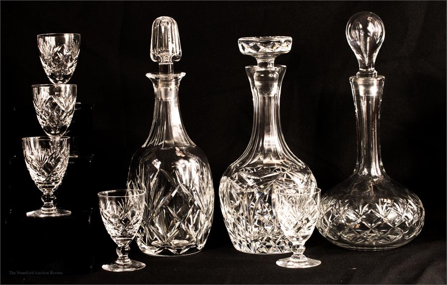 Three cut glass decanters, and six sherry glasses.