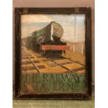 A hand painted pub sign; The Railway Tavern, glaze