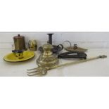 A group of brassware to include chamber sticks, inkwell, toasting fork etc.