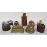 A group of items including inkwells, stamp box, a