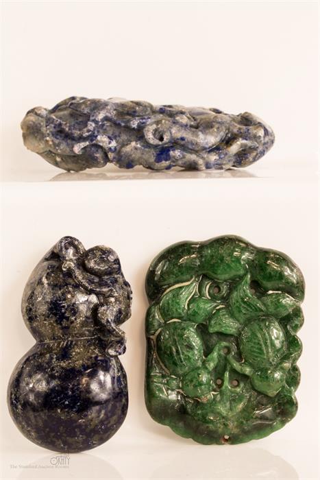 Three jadite carvings, monkey on a peach, bats and