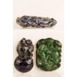 Three jadite carvings, monkey on a peach, bats and