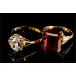 Two dress rings, one with square cut red stone, si