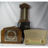 A 1930s oak cased mantle clock with chrome dial together with a bakelite Marconi Radio and an oak