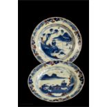 A pair of blue and white Chinese plates, depicting