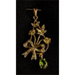 A 10ct gold, seedpearl and green peridot pendant,