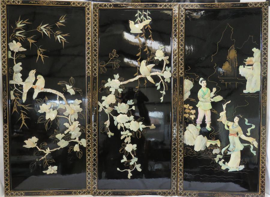 Three Chinese black lacquered and mother of pearl