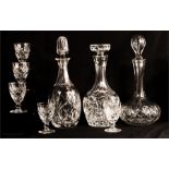 Three cut glass decanters, and six sherry glasses.