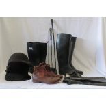 Horse Riding ware: three riding hats, pair of ridi