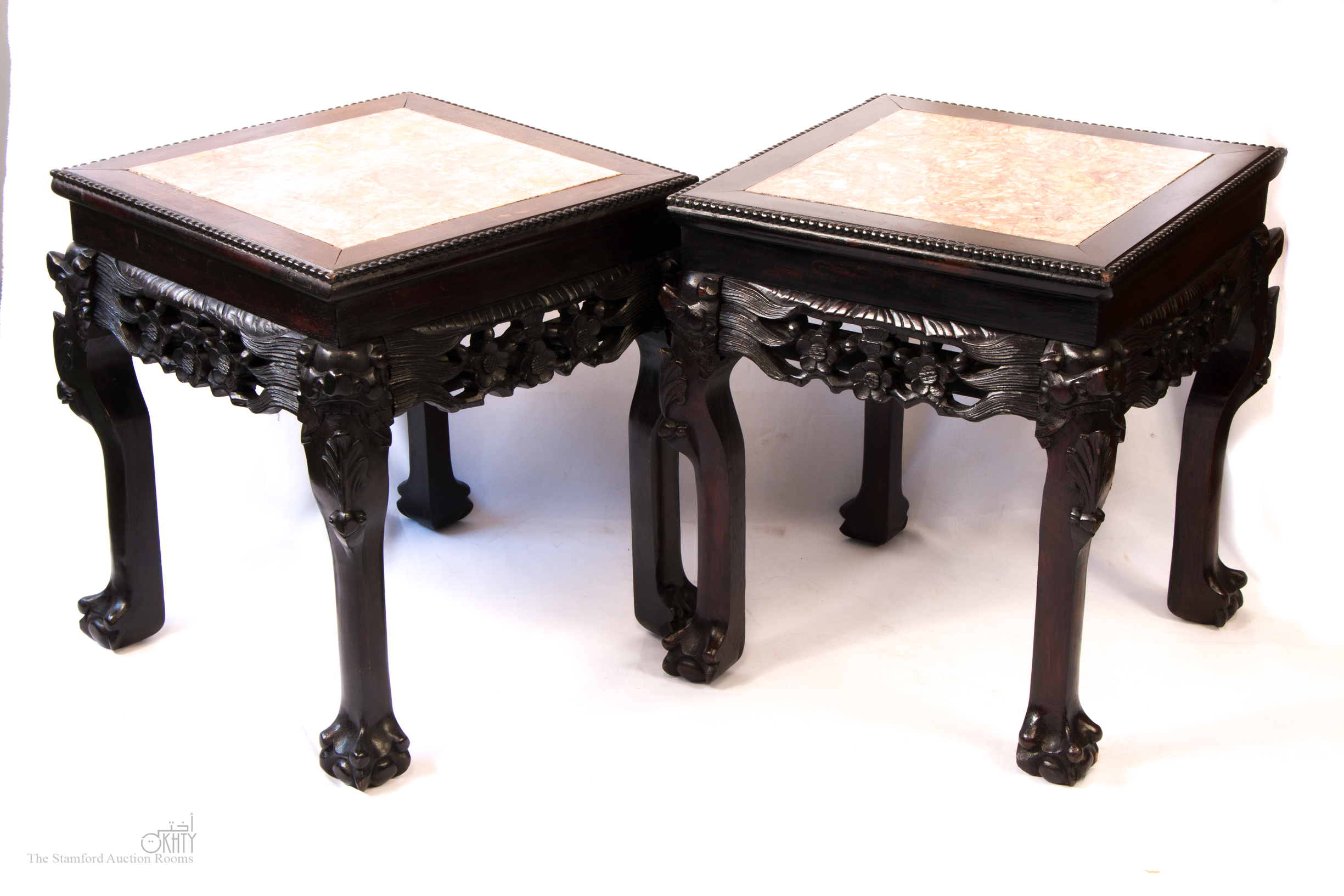 A pair of Chinese hardwood marble inset jardinere