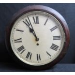 A mahogany cased circular schoolroom clock, 40cm diameter, with painted dial and Roman numerals.