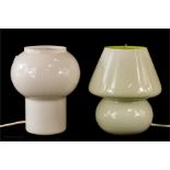 Two small glass table lamps, one white glass, height 19cm, the other is pale green by Dar