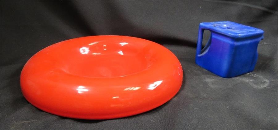 A large red ceramic ash tray Sicart, designer Spagnolo, togther with the Cube tea pot in powder