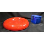 A large red ceramic ash tray Sicart, designer Spagnolo, togther with the Cube tea pot in powder