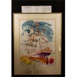 Jake Sutton: The Cutty Sark, watercolour with mixed media, dated 1985, 80 by 58.[Together with an