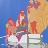 A large poster print on canvas, bathers, 90 by 90cm.