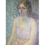 John REAY (1947-2011): Woman seated, oil on board, unframed, 77 by 56cm.