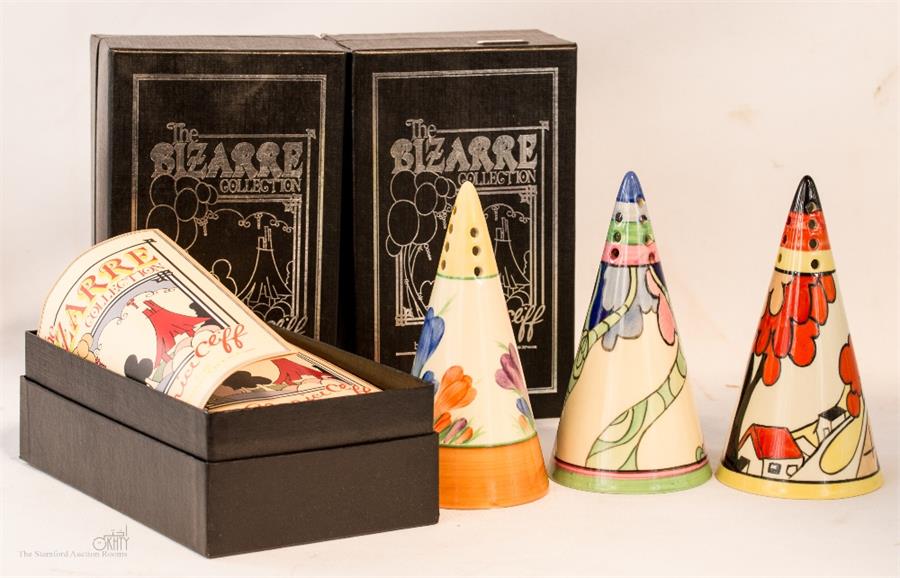 The Bizarre Collection by Clarice Cliff from Midwinter, quantity of three boxed shakers, 14cm in