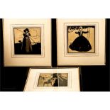 A print/lino cut, ladies in various poses, 19.5 by 19.5cm. (3)