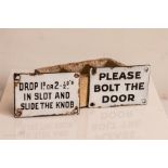 Two American enamel door plaques/signs 'Please bolt the door'.