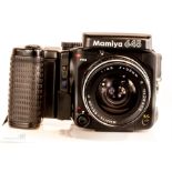 Mamiya 645 pro medium format SLR film camera with 1:2.8 55mm lens and powerdrive grip.