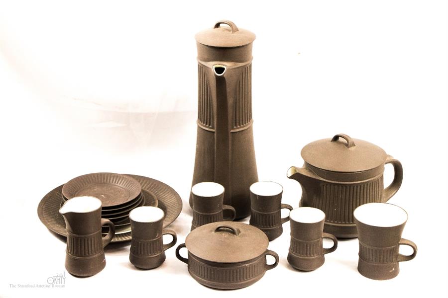 Dansk Designs Denmark chocolate brown coffee set, comprising coffee pot, four coffee cups and