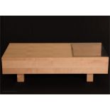 Low maple coffee table with adjustable tabletop and glass section, in the manner of habitat 110cm by