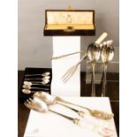 A group of silver plated flatware, some boxed, including jam spoons embossed, etc.
