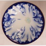 A Japanese Fukagawa porcelain dish with original label and character mark, blue and white.