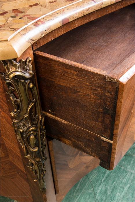 A French marquetry bombe commode, with shaped marble top, 88 by 121cm. - Image 3 of 12