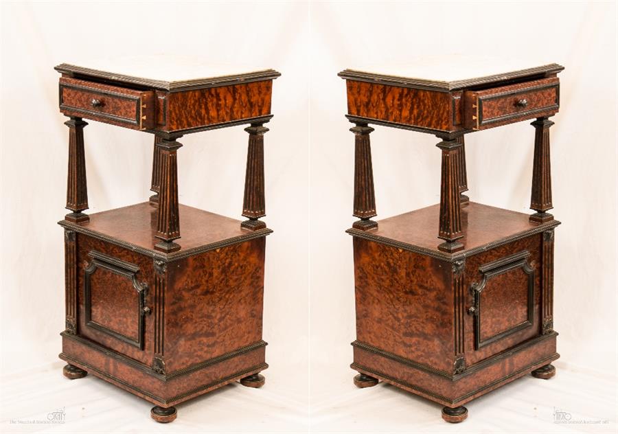 A pair of French burr yew and ebony pot cupboards, with white marble tops, 87 by 44 by 39. - Image 3 of 6