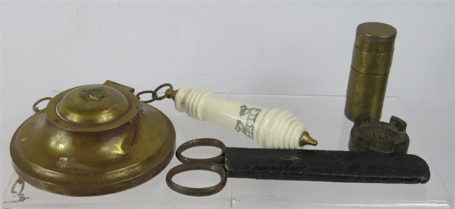 A Victorian ceramic Pull chain, a military brass inkwell, antique scissors and weight.